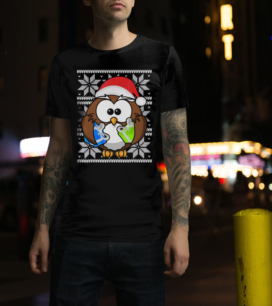 UGLY CHRISTMAS Holiday Owl With Santa Hat And Gifts T-Shirt