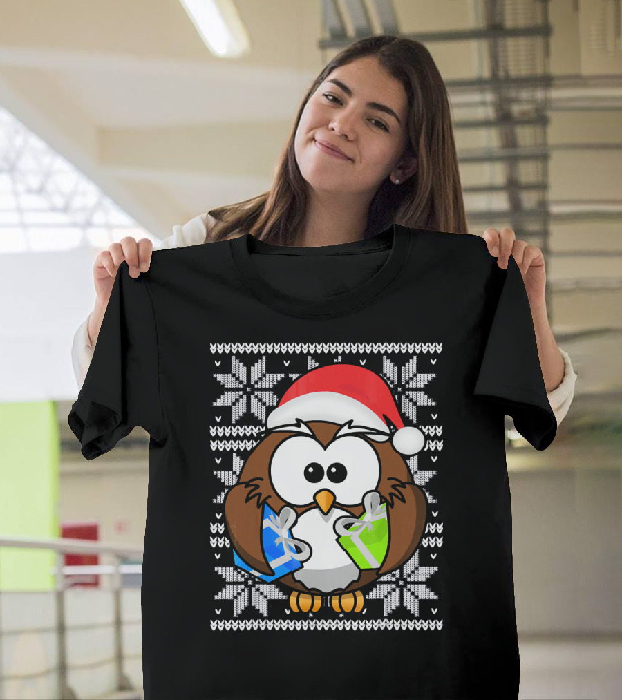 UGLY CHRISTMAS Holiday Owl With Santa Hat And Gifts T-Shirt