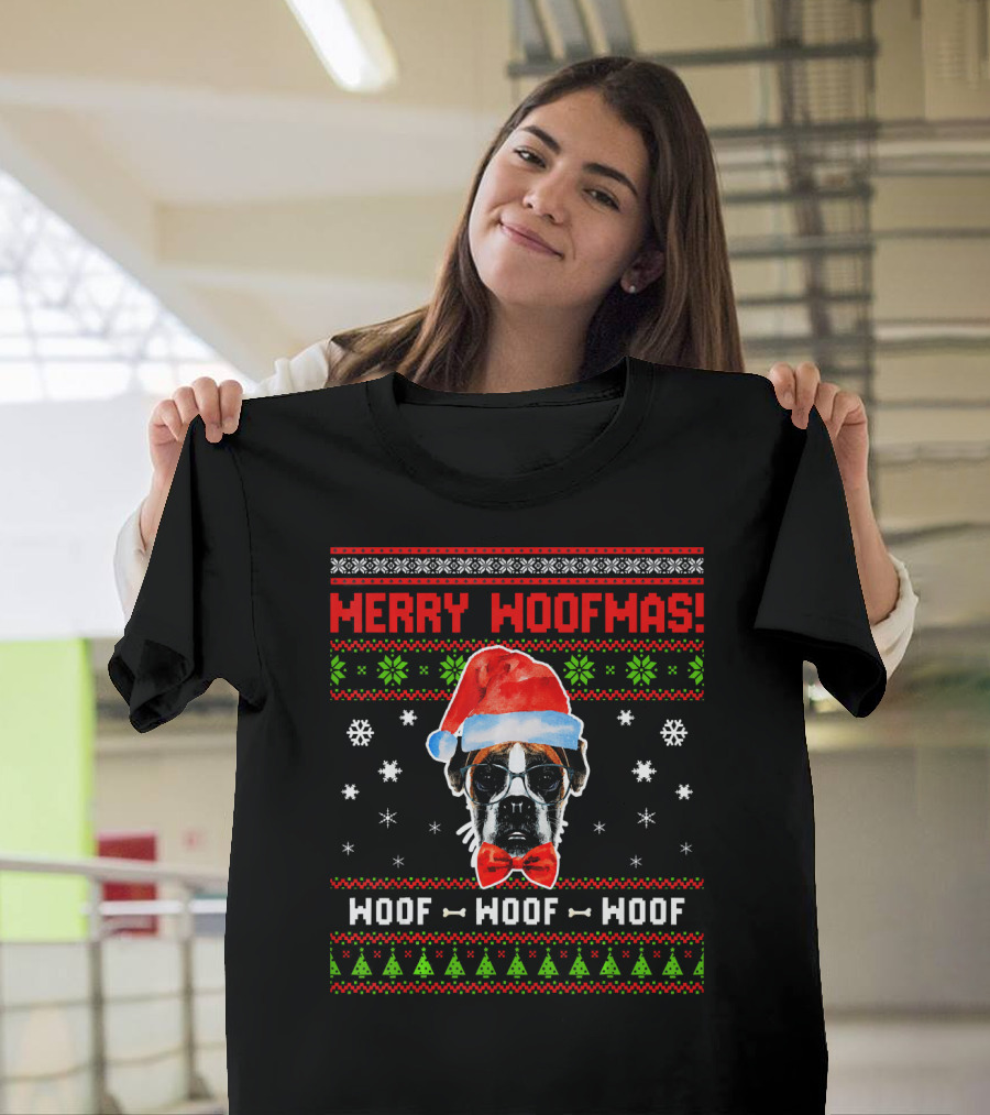 Merry Woofmas Boxer Dog Santa Hat Woof Woof Woof T-Shirt