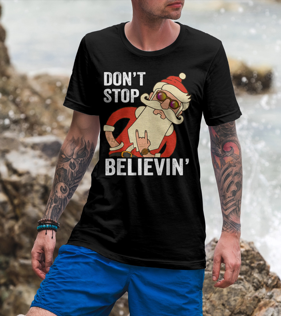 Don't Stop Believin' Santa Rock Hand Gesture T-Shirt