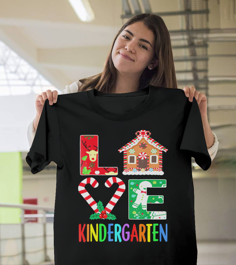 LOVE Kindergarten Christmas Reindeer Gingerbread Candy Cane T-Shirt
