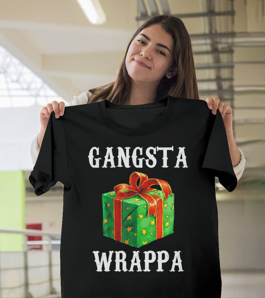 Gangsta Wrappa Green Gift Box with Red Ribbon and Yellow Stars Holiday T-Shirt