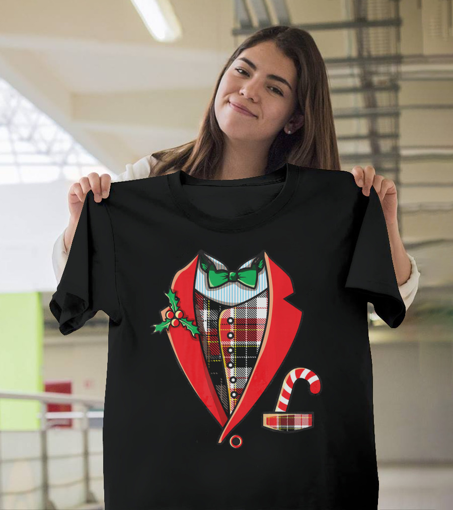 Christmas Tuxedo Plaid Suit Jacket With Green Bow Tie And Candy Cane T-Shirt