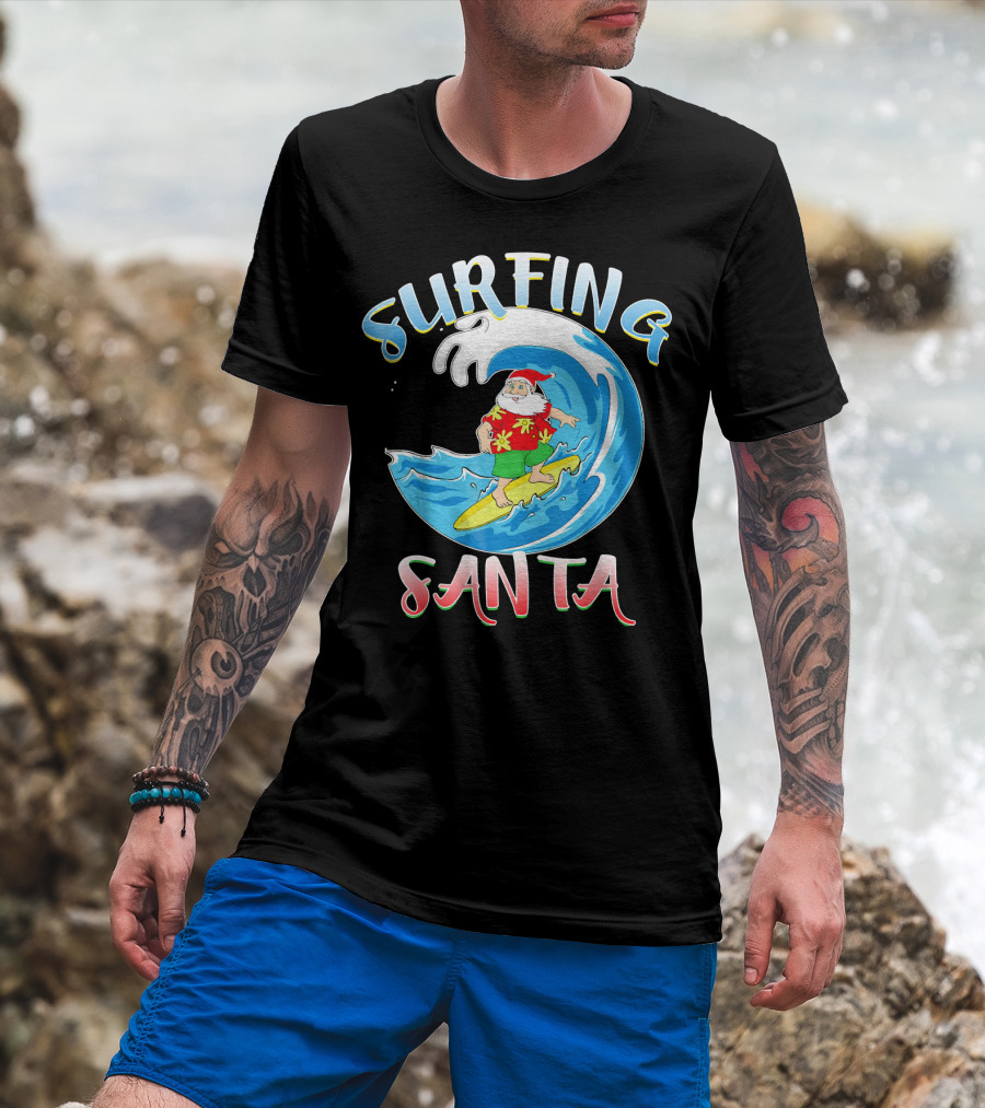 Surfing Summer Santa Christmas Wave T-Shirt