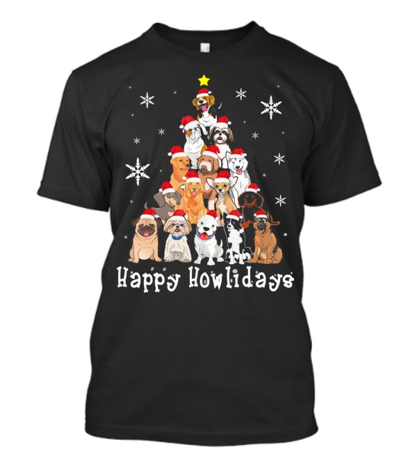 Happy Howlidays Dog Christmas Tree Santa Hat Puppies Snowflakes T-Shirt