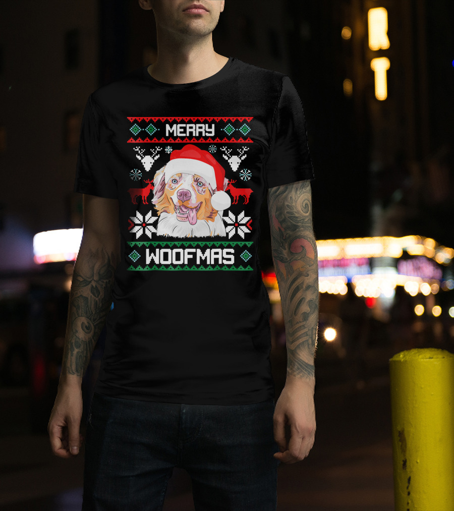 Merry Woofmas Australian Shepherd With Santa Hat And Christmas Motifs T-Shirt