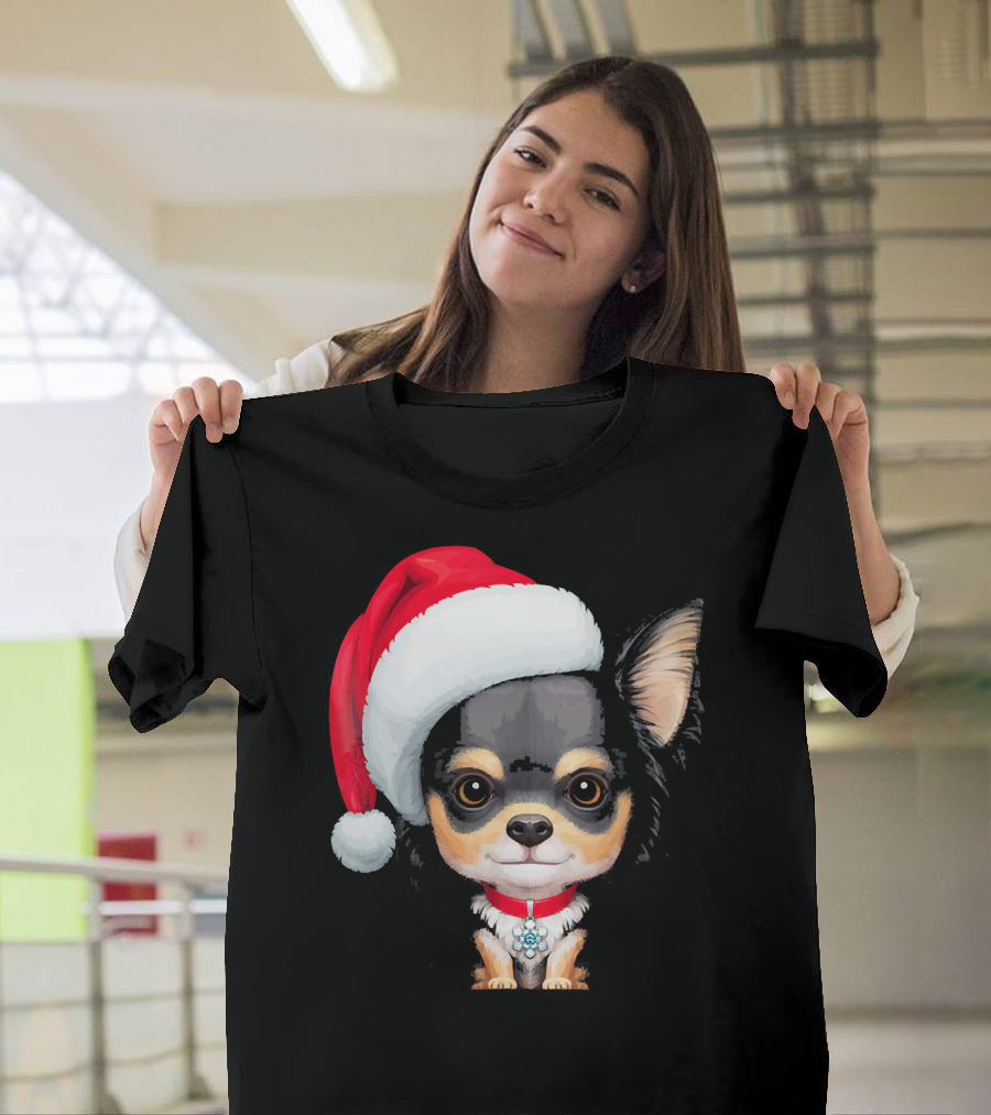 Festive Black and Tan Long Haired Chihuahua Santa Hat T-Shirt