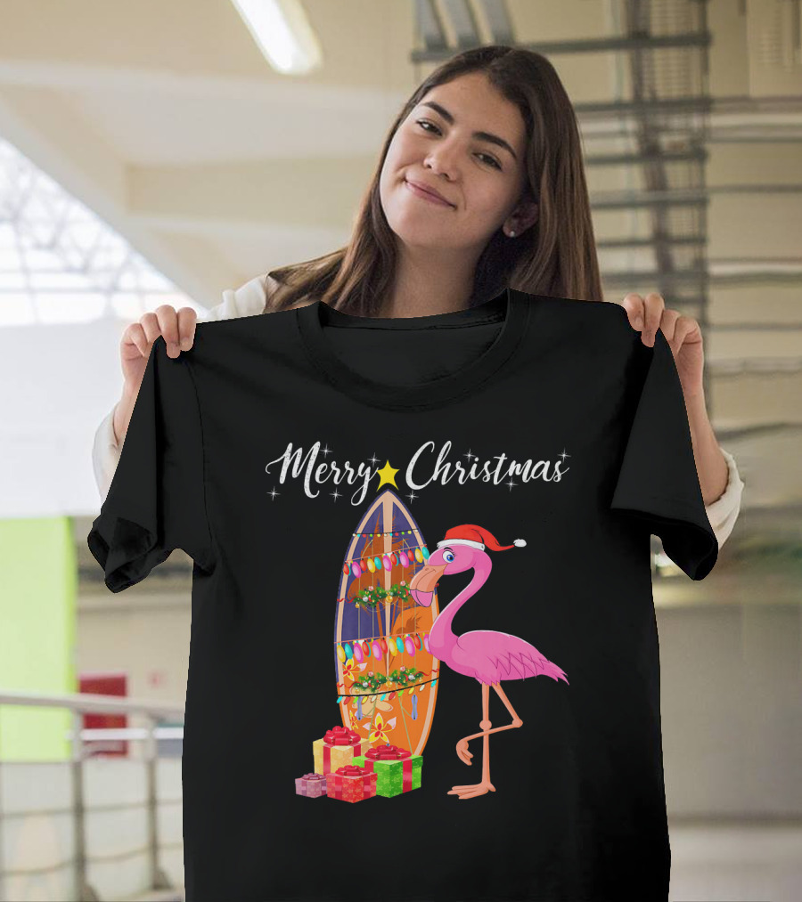 Merry Christmas Flamingo Surfboard Santa Hat Gifts T-Shirt