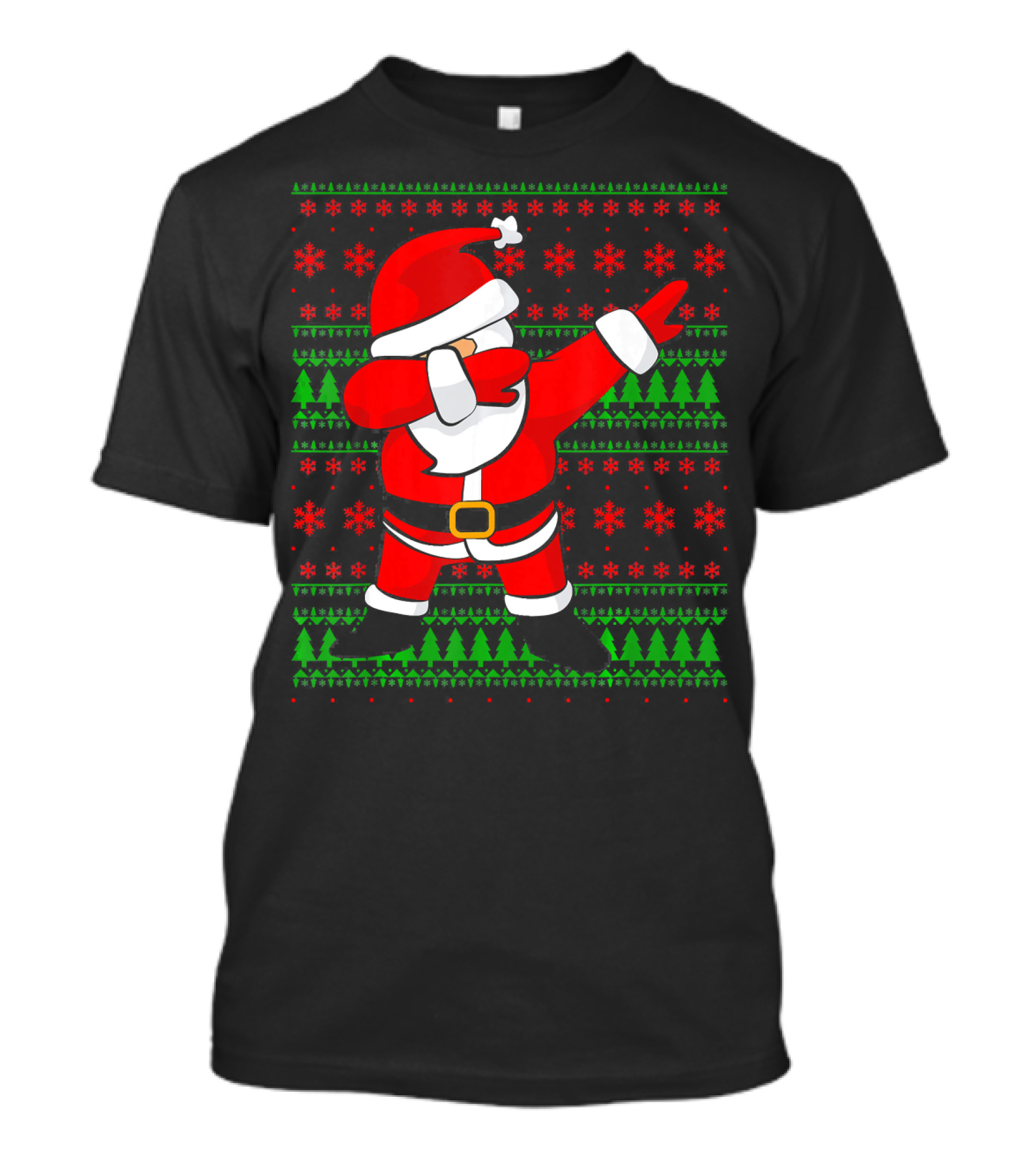Santa Claus Dabbing Christmas Sweater Style Snowflakes Trees T-Shirt