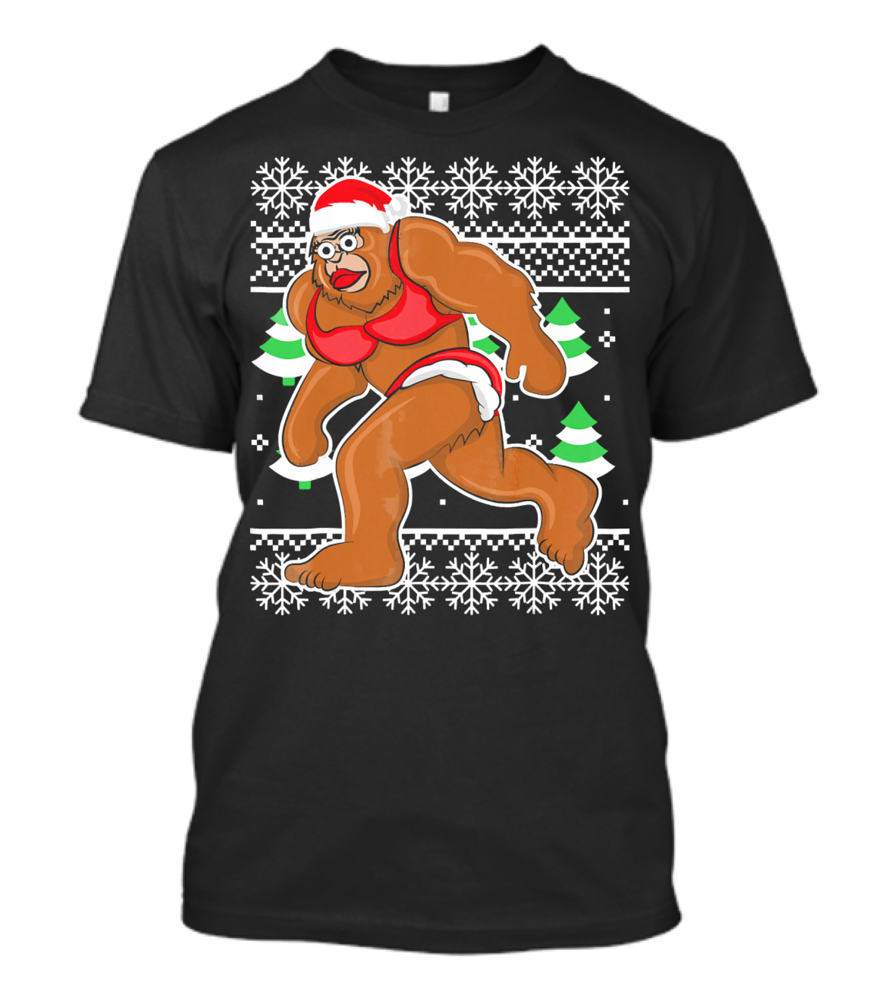 Bigfoot Bikini Ugly Christmas Sweater Santa Hat Snowflakes Holiday Party T-Shirt