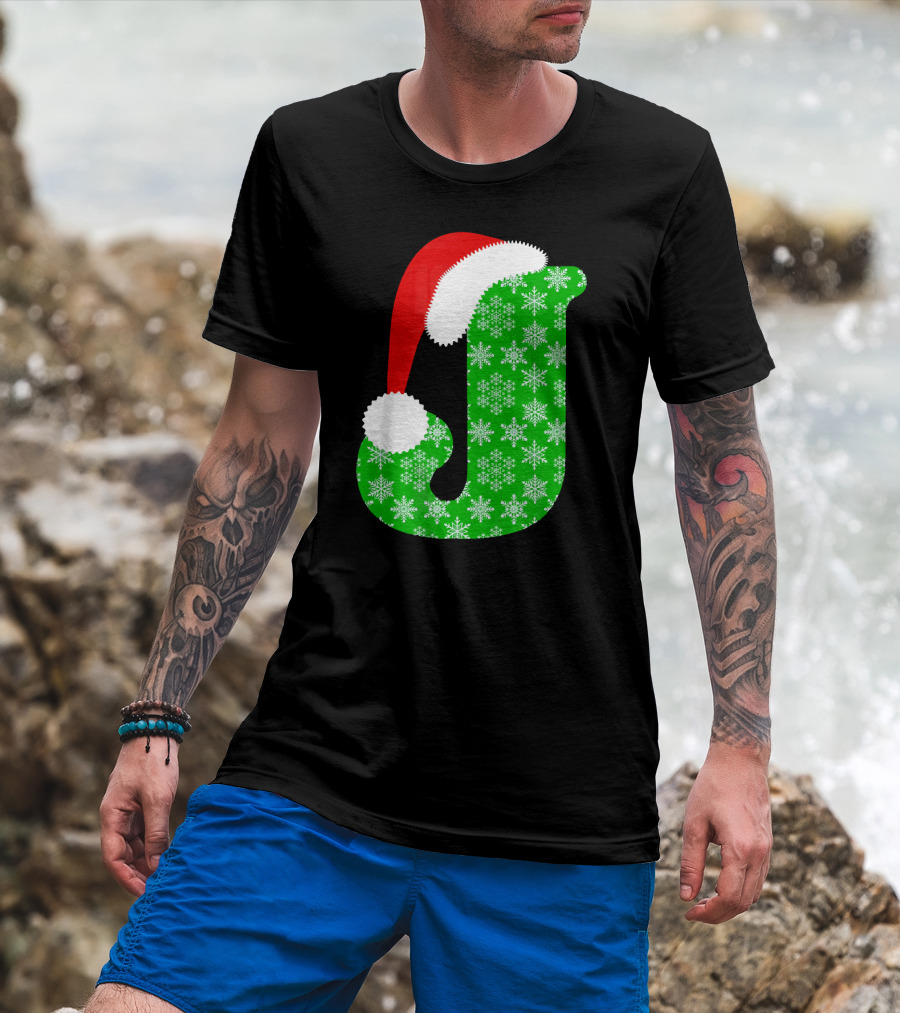 Santa Hat Green Snowflake Monogram Letter J Christmas T-Shirt