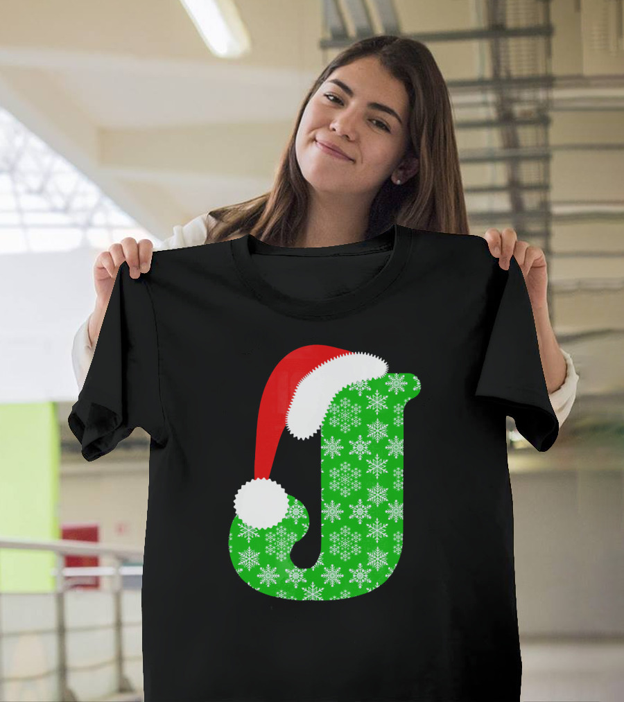Santa Hat Green Snowflake Monogram Letter J Christmas T-Shirt