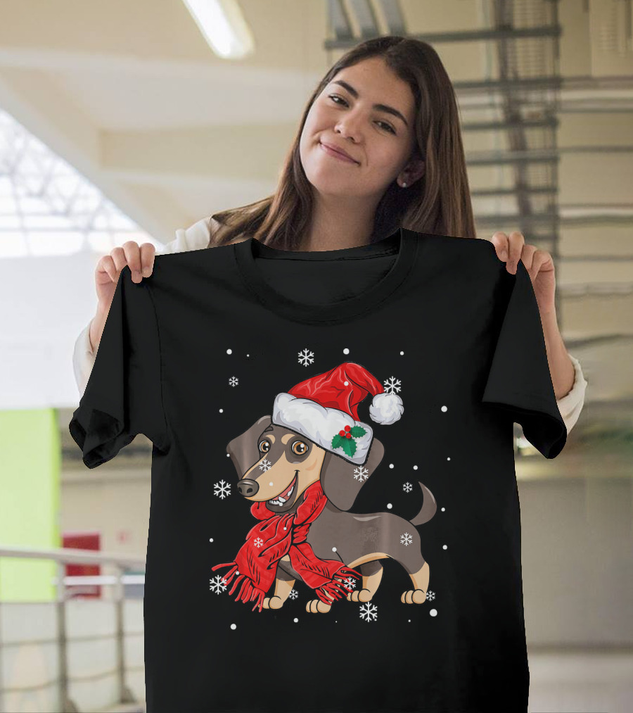 Dachshund Wearing Santa Hat And Red Scarf with Snowflakes T-Shirt