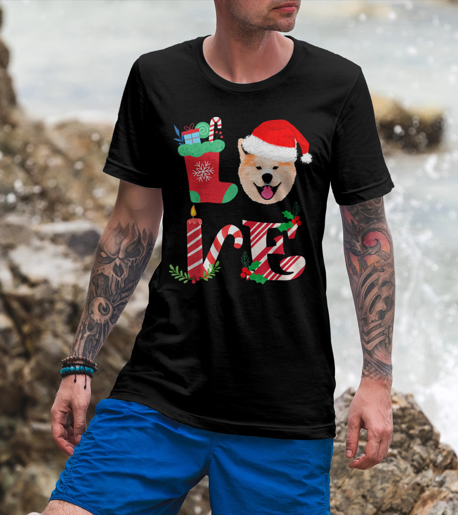 I Love My Akita Christmas Love With Santa Hat And Holiday Decorations T-Shirt