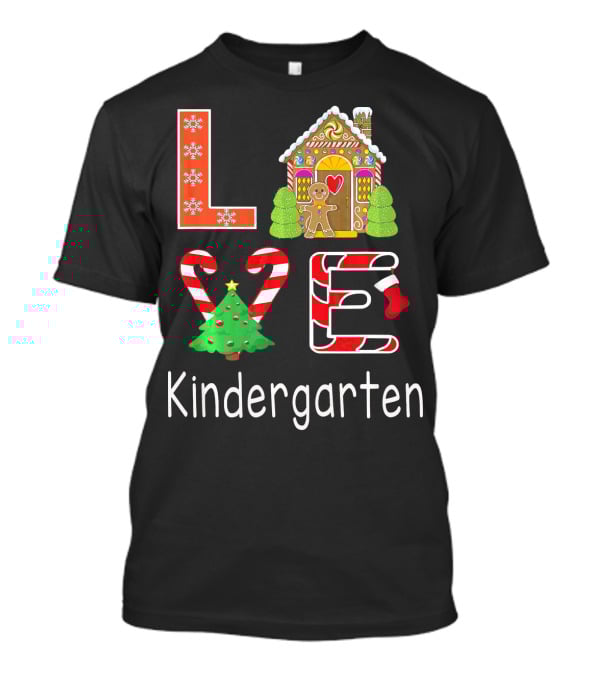 Love Kindergarten Christmas Candy Cane Gingerbread House T-Shirt