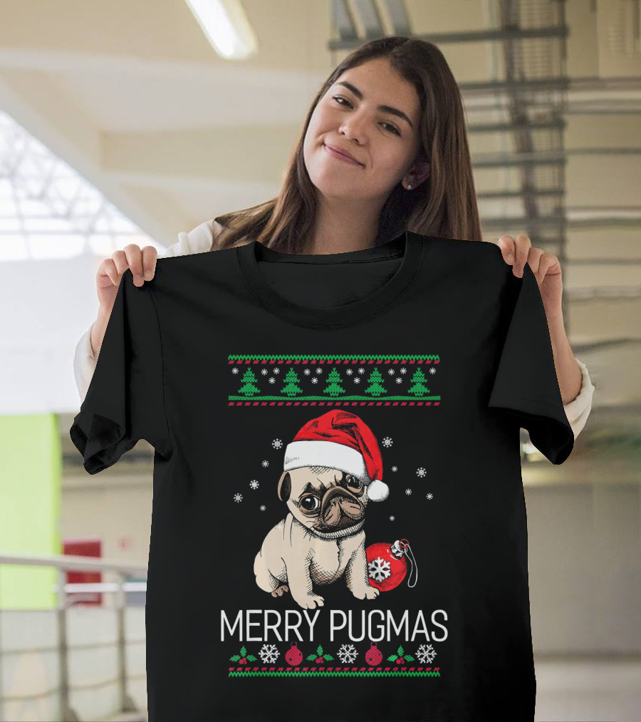 Merry Pugmas Santa Pug With Christmas Trees And Ornaments T-Shirt