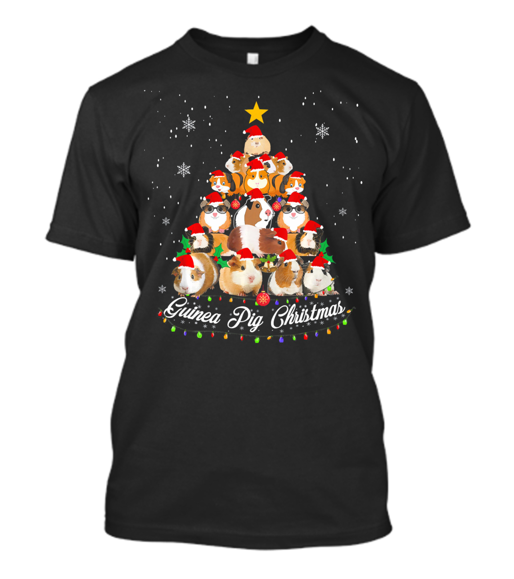 Guinea Pig Christmas Tree With Santa Hats And Snowflakes T-Shirt