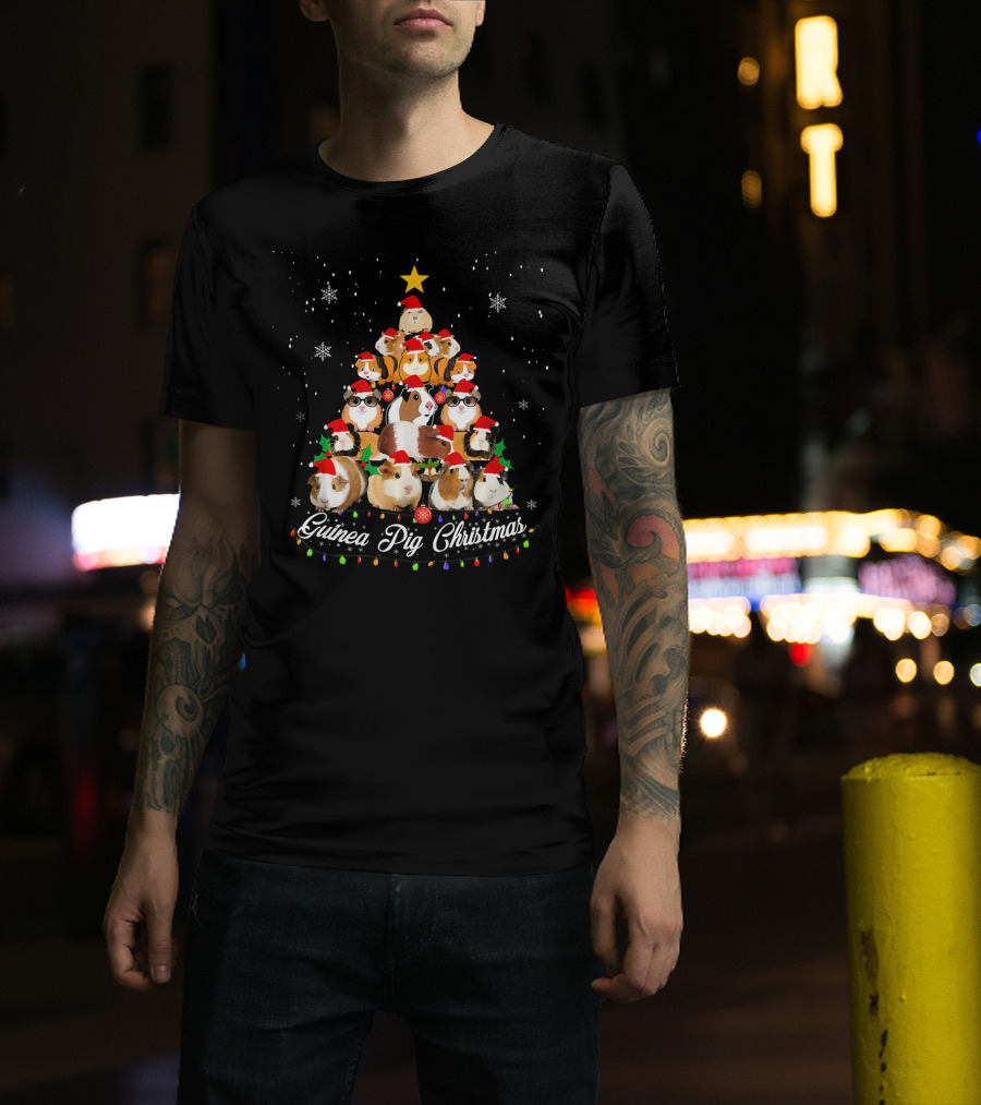 Guinea Pig Christmas Tree With Santa Hats And Snowflakes T-Shirt