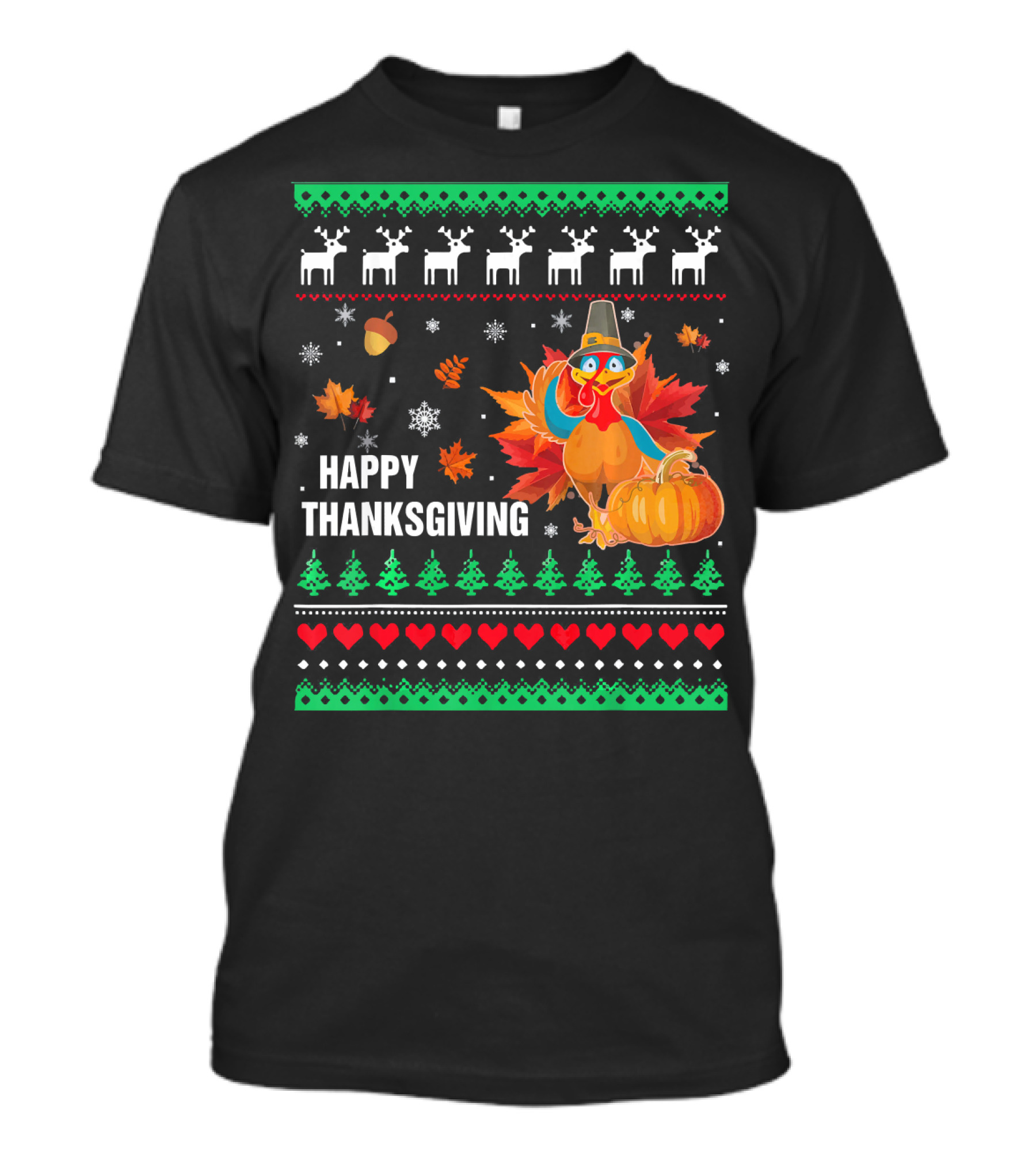 Happy Thanksgiving Turkey Pilgrim Hat Reindeer Snowflakes Pumpkins Leaves T-Shirt