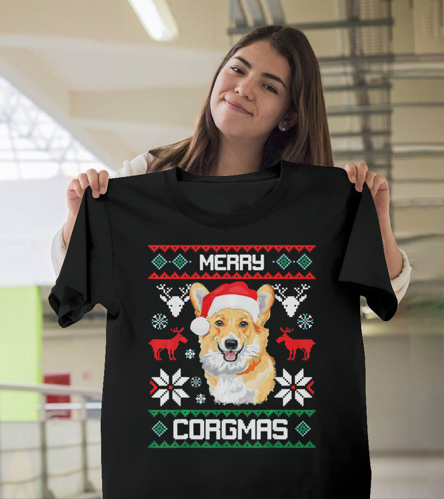 Merry Corgmas Corgi Dog Santa Hat Ugly Christmas T-Shirt