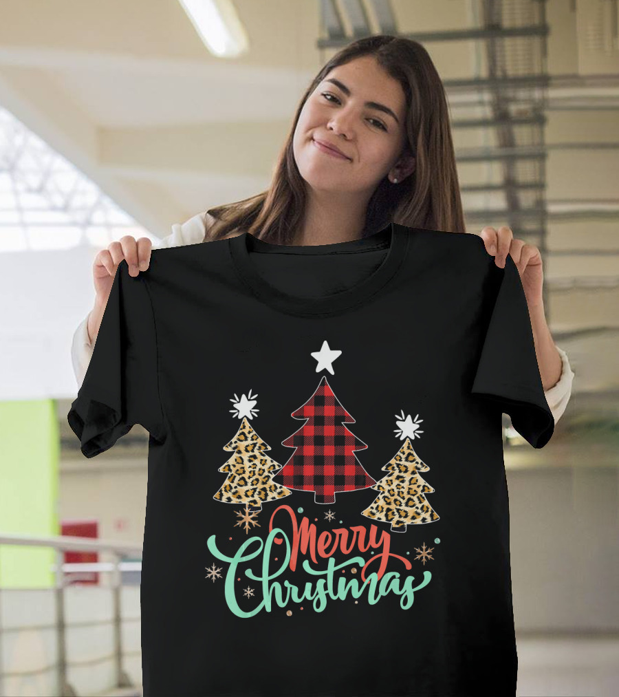Merry Christmas Leopard Plaid Tree T-Shirt