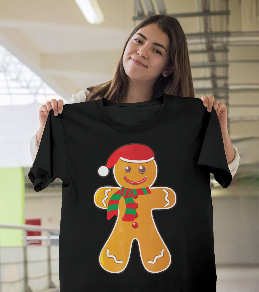 Santa Gingerbread Cookie with Christmas Hat and Scarf T-Shirt