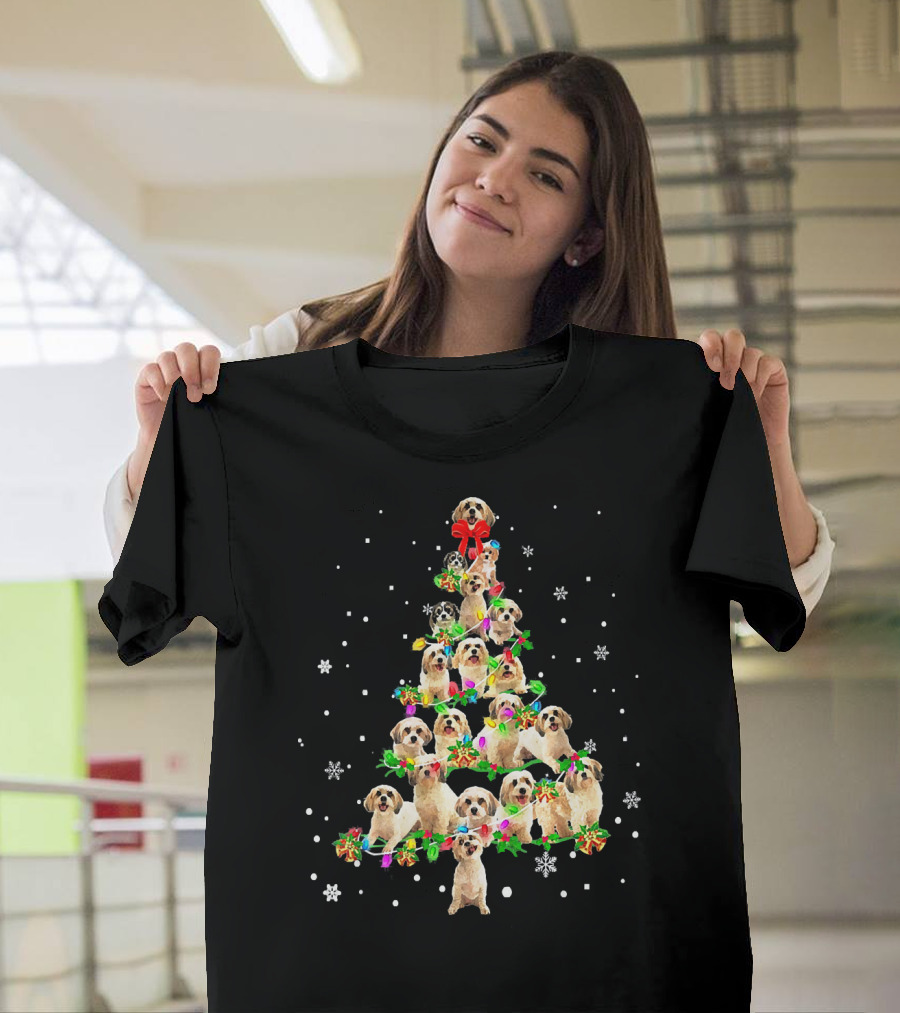 Cute Cavachon Dog Christmas Tree With Snowflakes And Bow T-Shirt