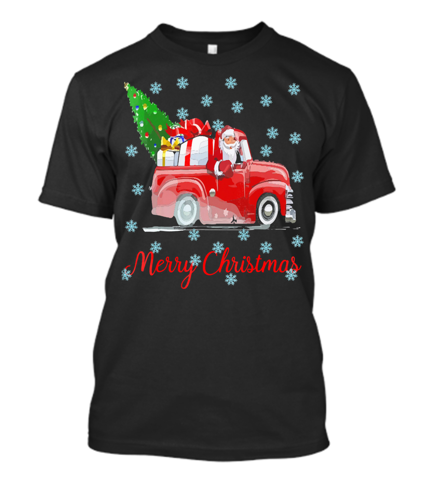 Merry Christmas Tree Santa Vintage Car With Presents And Snowflakes T-Shirt