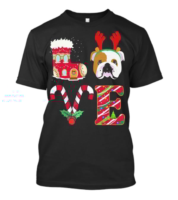 Love My English Bulldog Christmas Holiday Antlers Candy Cane T-Shirt