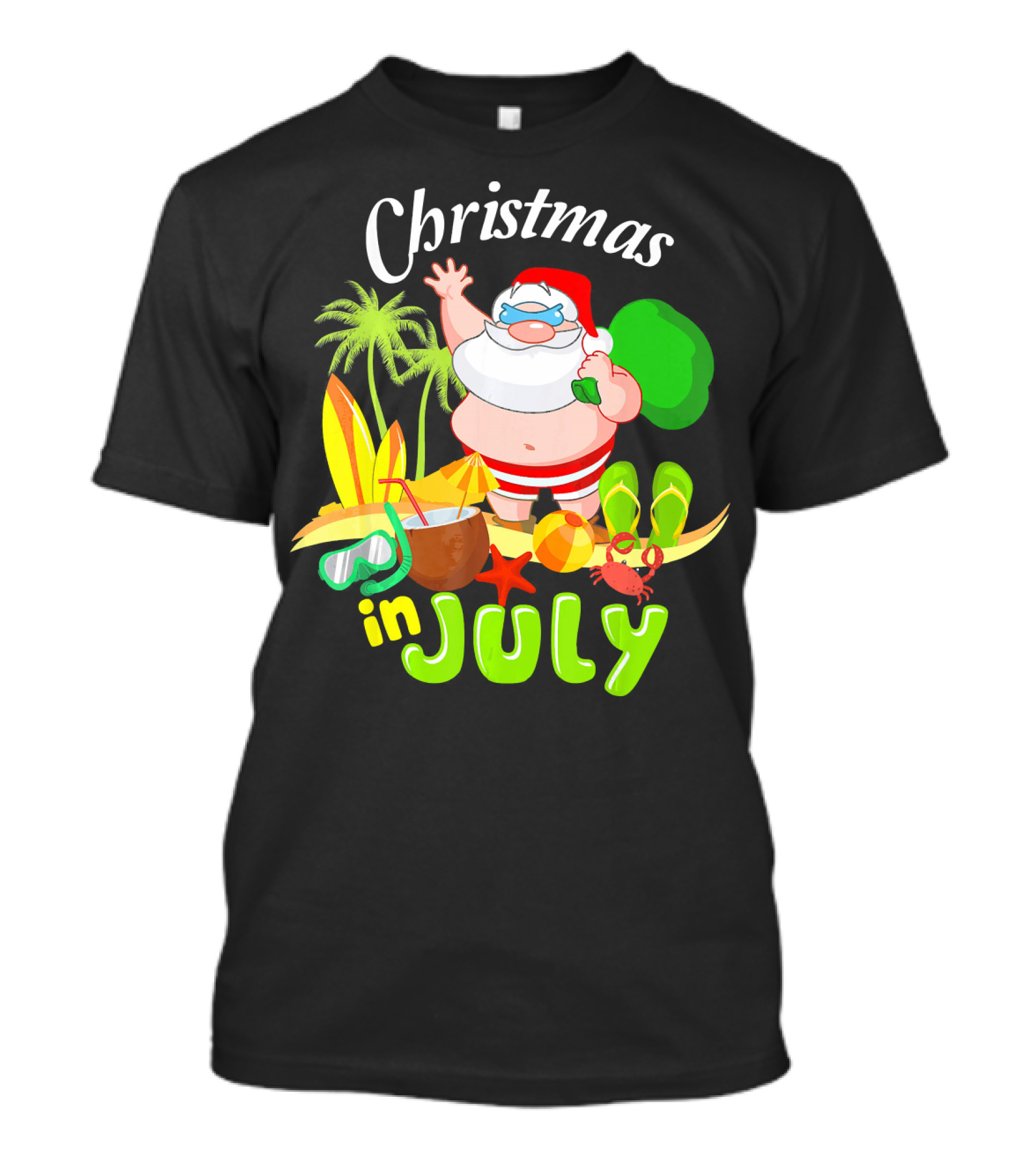 Christmas In July Santa With Surfboards, Palm Trees, Tropical Drinks, And Beach Accessories T-Shirt