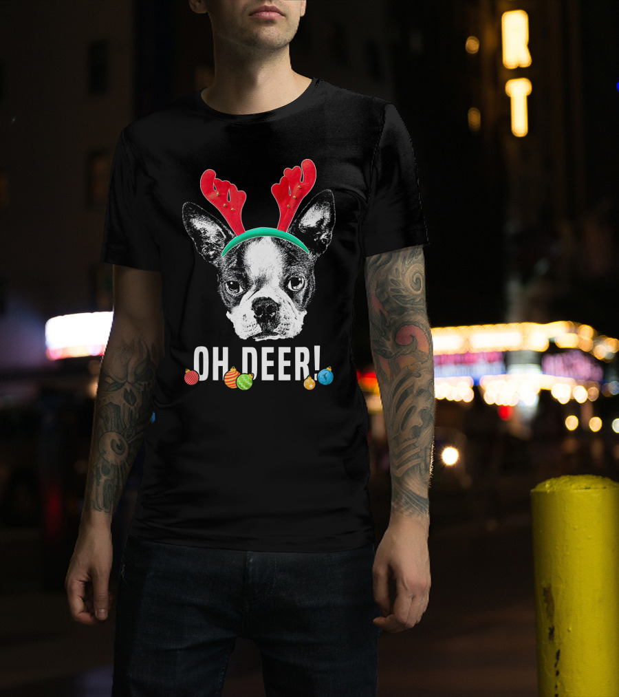 Oh Deer Boston Terrier With Reindeer Antlers And Christmas Ornaments T-Shirt