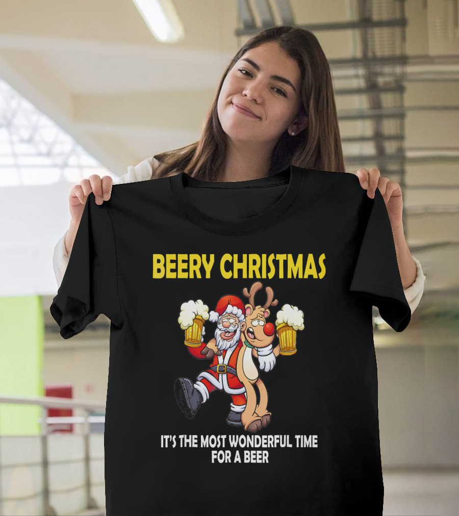 Beery Christmas It's the Most Wonderful Time for a Beer Santa and Reindeer Cheers T-Shirt