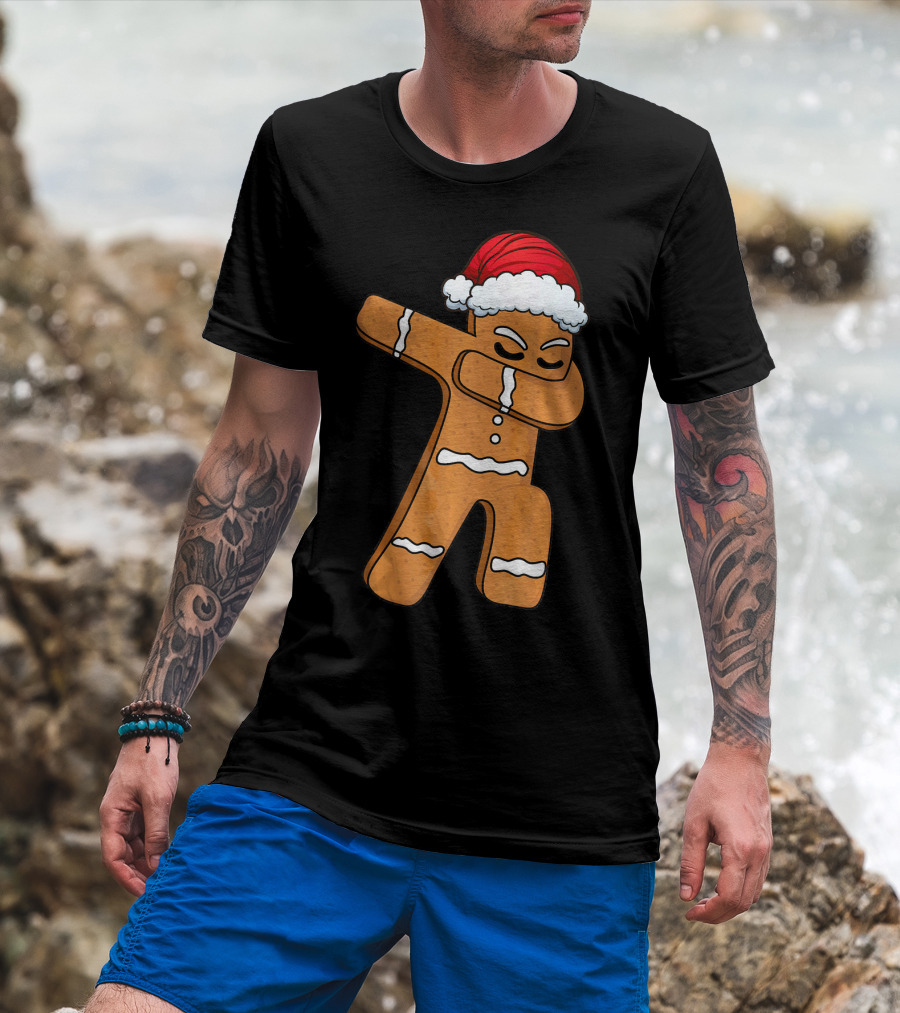 Dabbing Gingerbread Man With Santa Hat Holiday Fun T-Shirt