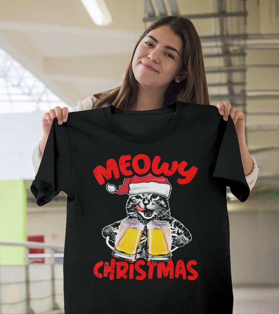 Meowy Christmas Funny Meow Drinking Beer Cat T-Shirt