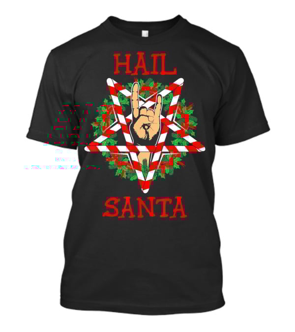 Hail Santa Sleigher Pentagram With Candy Cane And Rock Hand Gesture T-Shirt