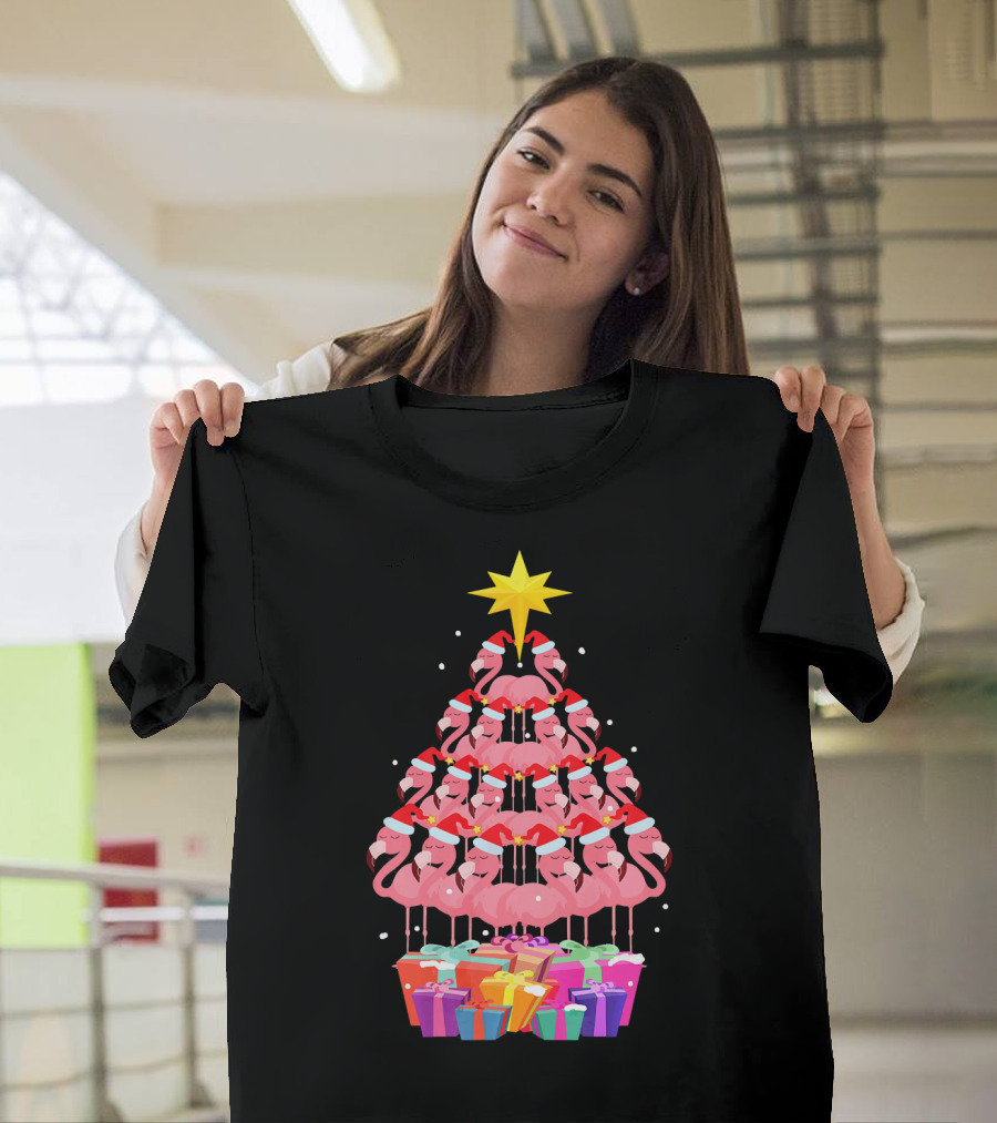 Flamingo Santa Hat Christmas Tree with Gifts and Star T-Shirt
