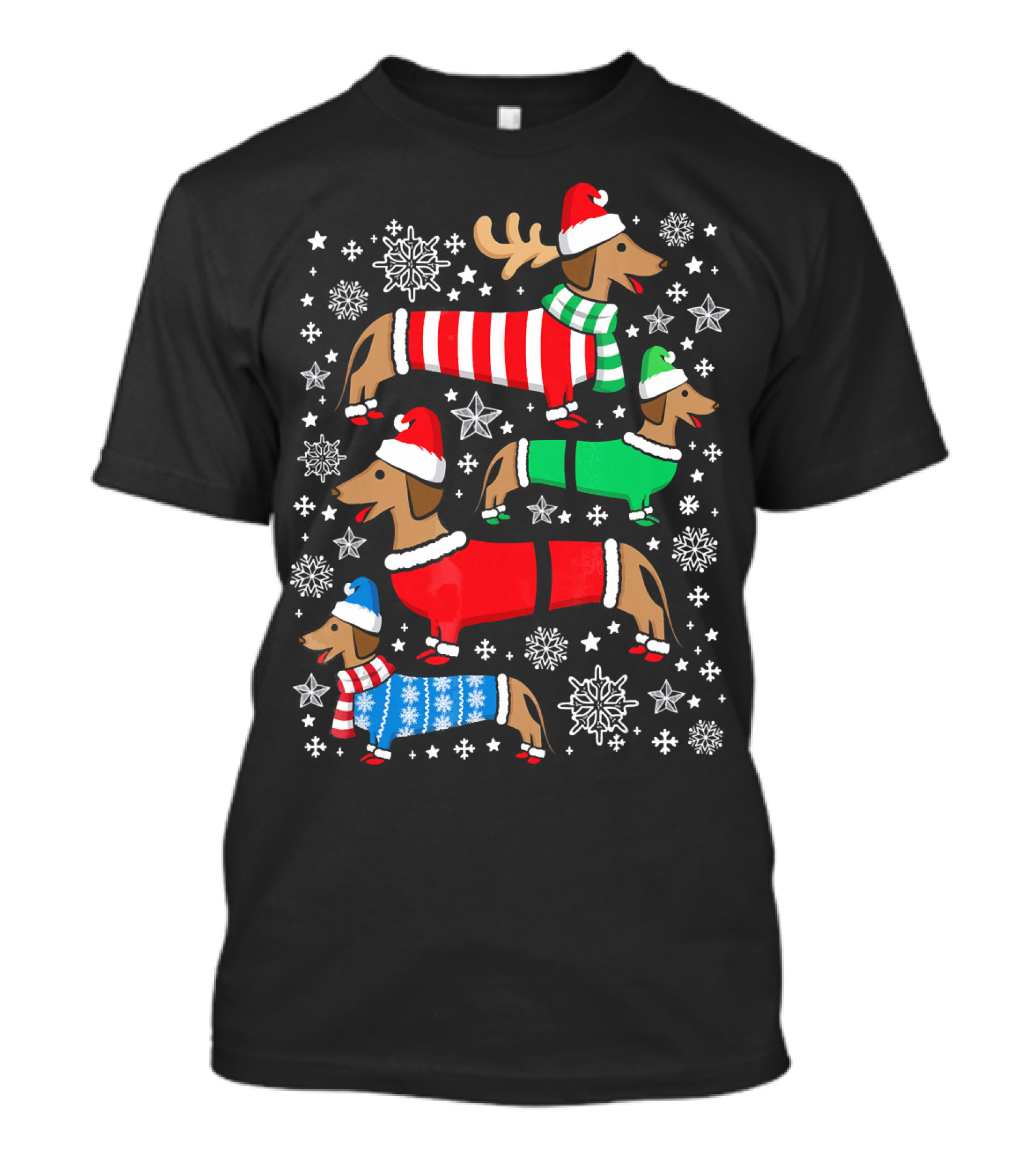 Dachshund Merry Christmas Weiner Ugly Sweater Santa Reindeer Snowflakes T-Shirt