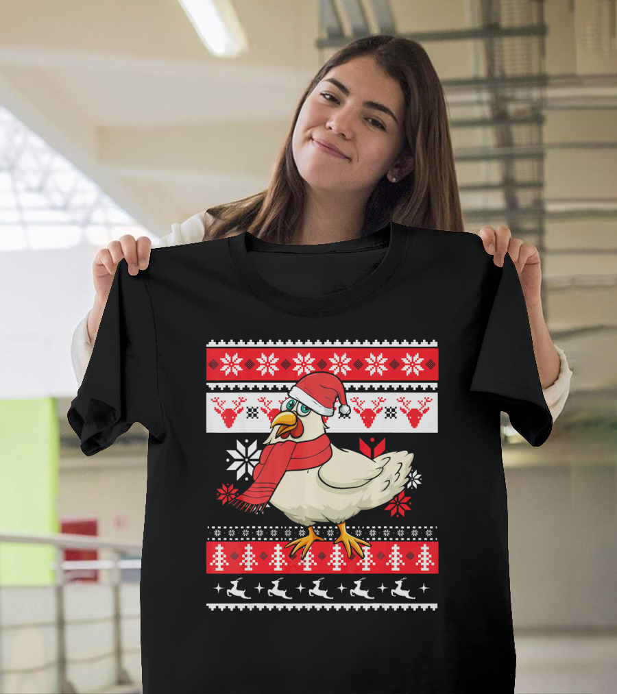 Ugly Christmas Chicken Santa Hat Snowflakes Reindeer Red Scarf T-Shirt