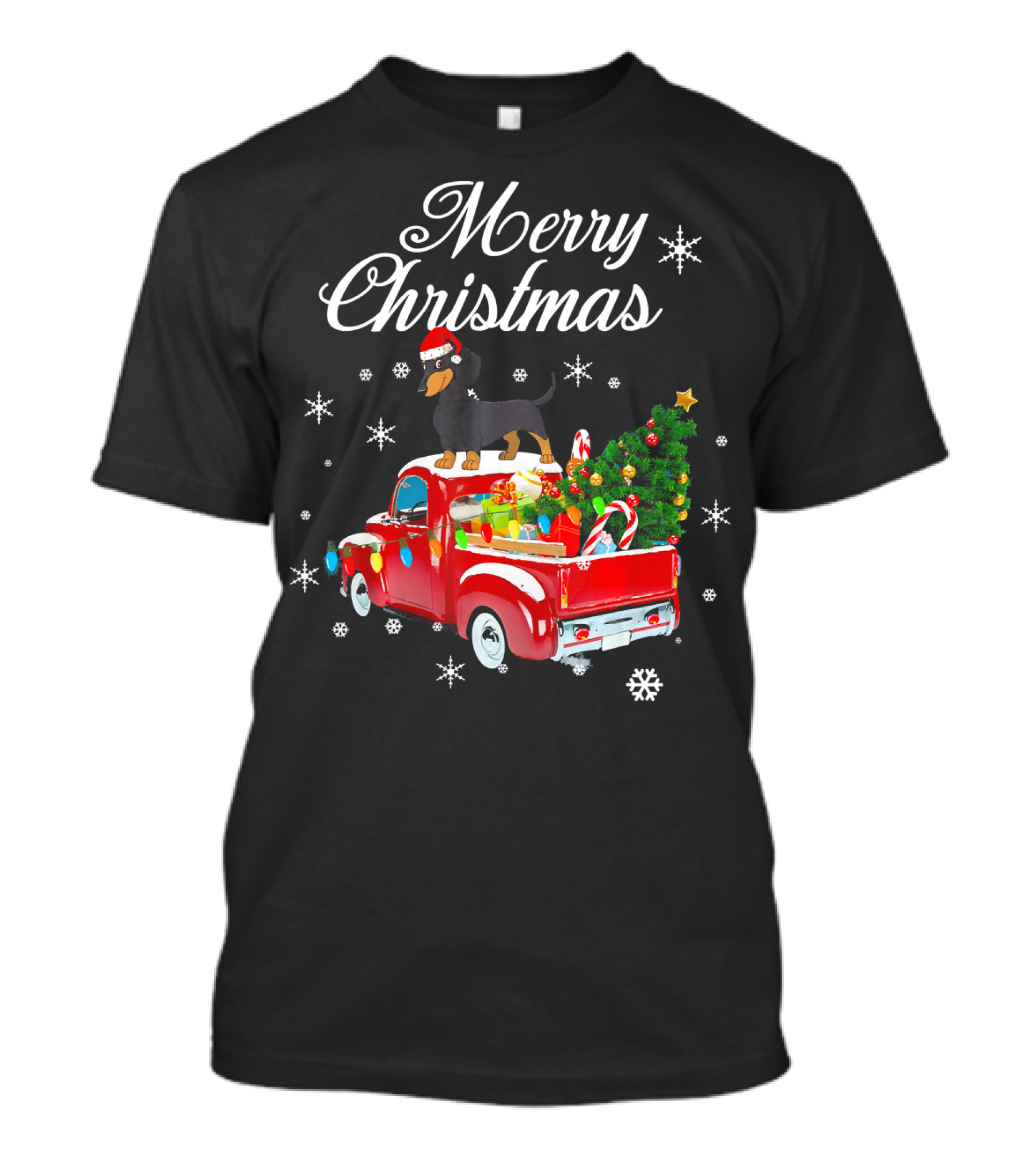 Merry Christmas Dachshund On Red Truck With Gifts And Tree T-Shirt