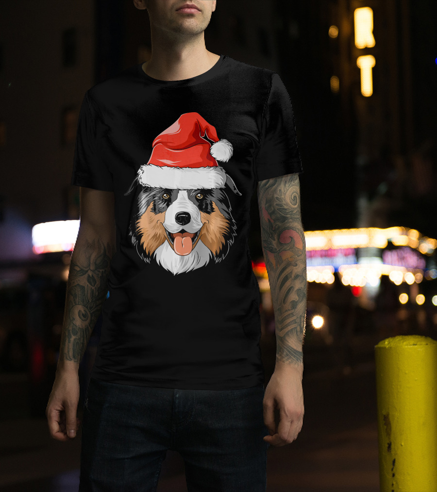 Australian Shepherd Dog Wearing Festive Santa Hat T-Shirt