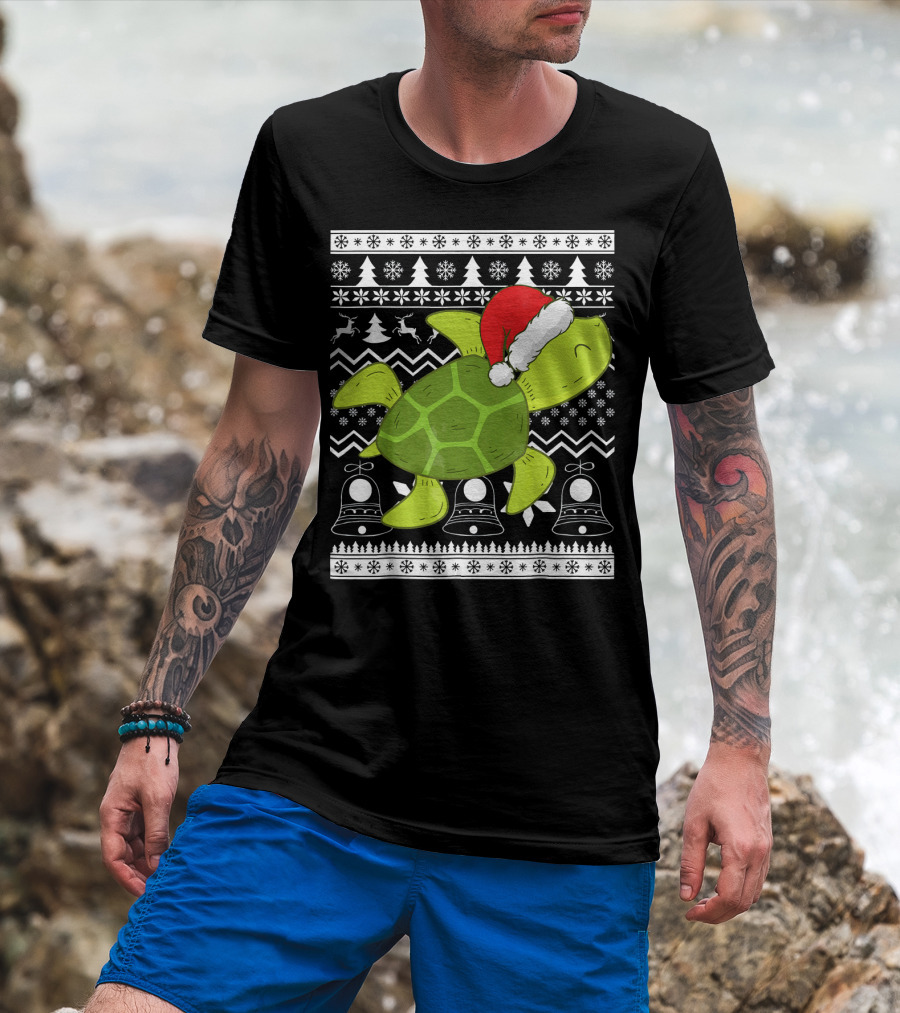 Sea Turtle Santa Holiday Sweater Design With Christmas Bells, Reindeer, Trees, And Snowflakes T-Shirt