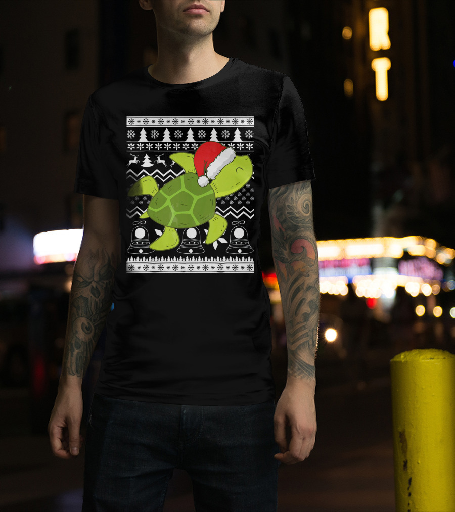Sea Turtle Santa Holiday Sweater Design With Christmas Bells, Reindeer, Trees, And Snowflakes T-Shirt