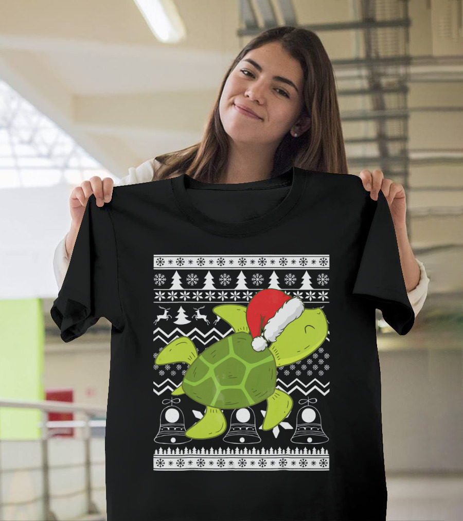 Sea Turtle Santa Holiday Sweater Design With Christmas Bells, Reindeer, Trees, And Snowflakes T-Shirt
