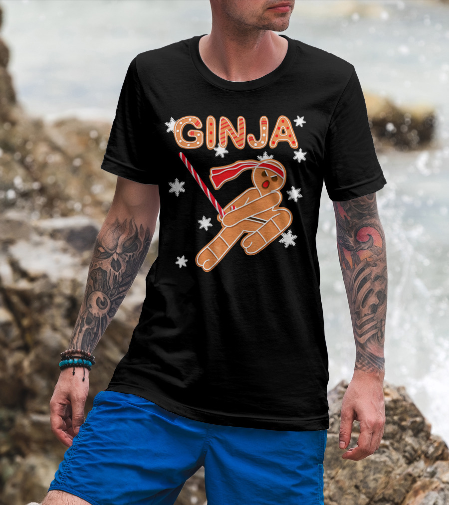 Gingerbread Ginja Funny Christmas Ninja Candy Cane Snowflakes T-Shirt