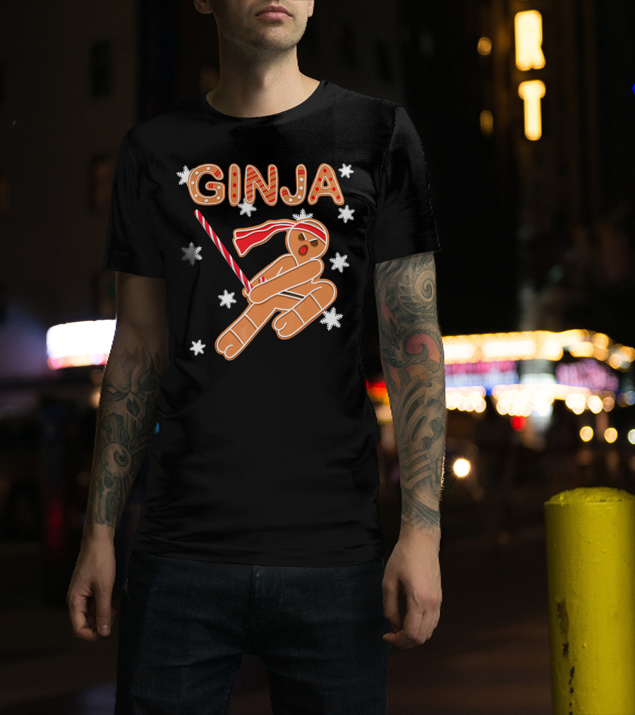 Gingerbread Ginja Funny Christmas Ninja Candy Cane Snowflakes T-Shirt