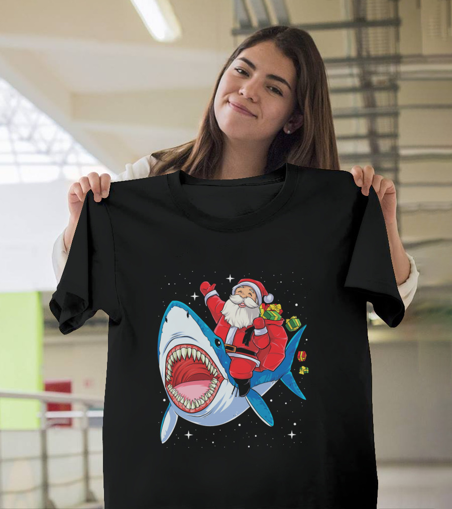 Santa Claus Riding a Shark with Gifts T-Shirt