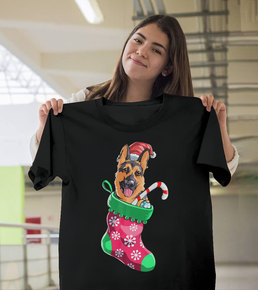 German Shepherd In Christmas Santa Hat Stocking With Candy Cane T-Shirt
