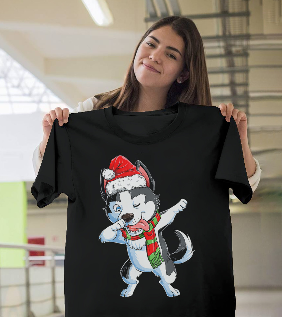 Dabbing Siberian Husky Santa Christmas Dog With Scarf T-Shirt