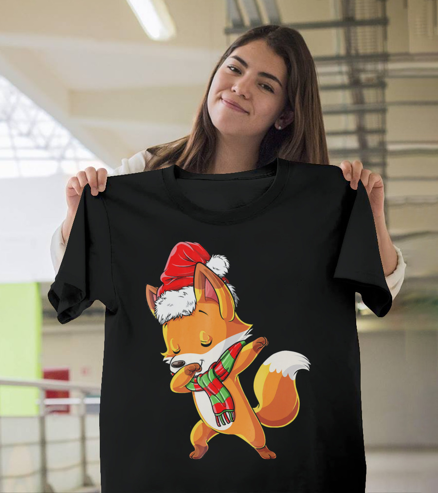 Christmas Dab Fox With Santa Hat And Scarf T-Shirt