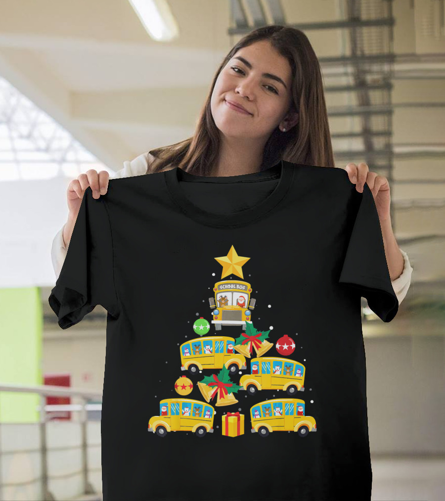 School Bus Christmas Tree With Santa Reindeer Ornaments And Gifts T-Shirt